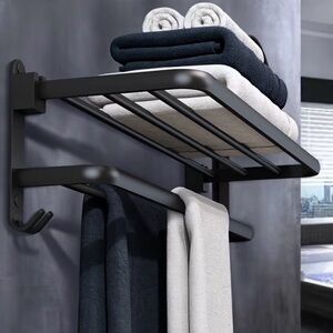 NEW🎗️ Black🎗️ aluminum foldable wall-mounted towel rack with a towel bar & hooks